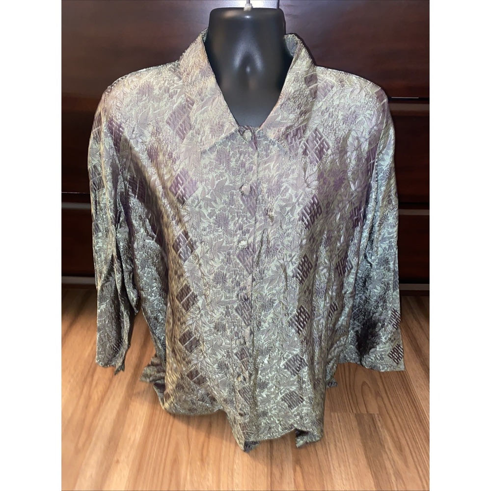 Soft Surroundings Size 2X Button Front Green Abstract Print Hoho Long Sleeve